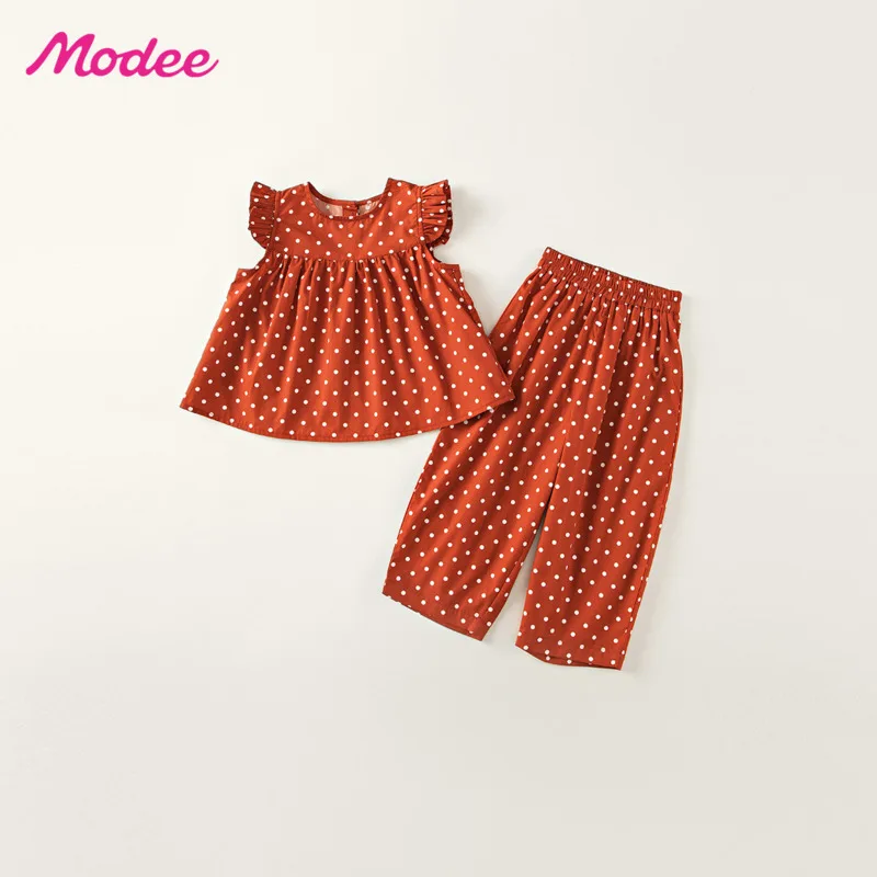 Girl Cotton Red Polka Dot 2piece Set Outfit 26 Summer Autumn Sweet Little Flutter Sleeves Toddler Children Clothes 3-12 Years