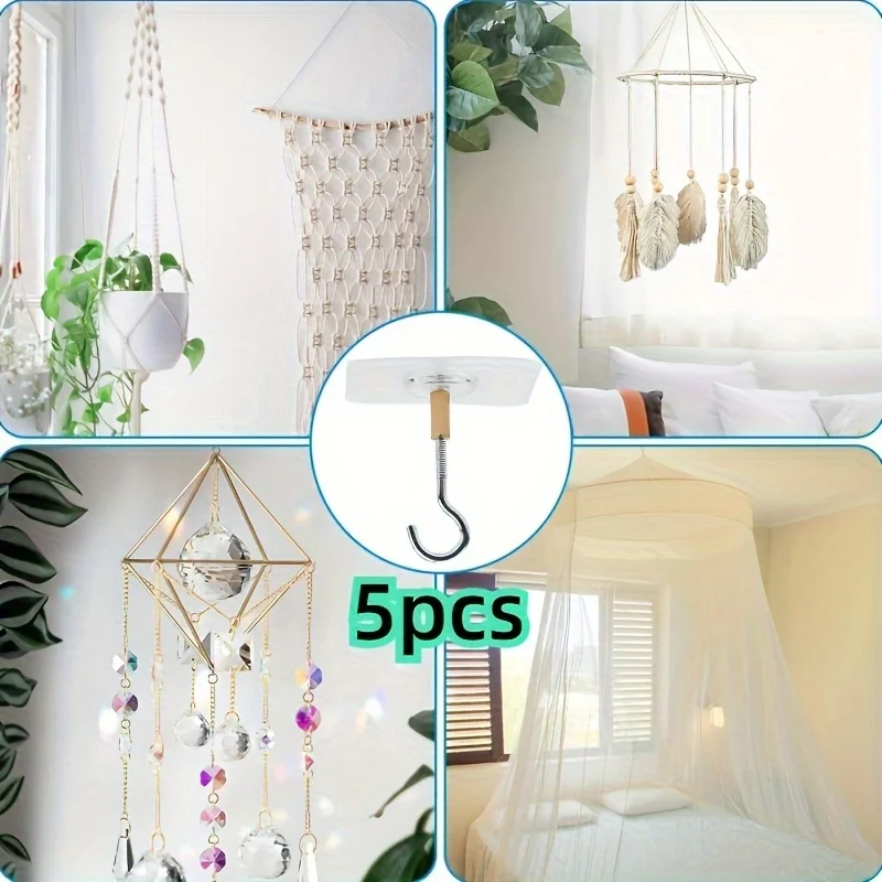 5Pcs No Drill Ceiling Hooks Heavy Duty Self Adhesive Hanging Hooks for Plants Balloons Kitchen Utensils Festival Decor