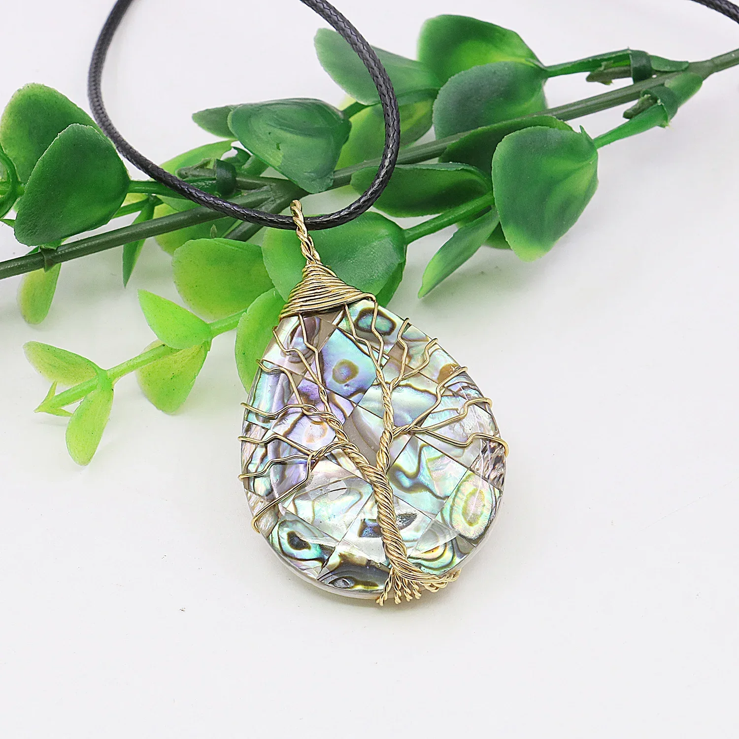 31x40mm Natural Multicolor Abalone Seashell Necklace Pendant,Water Drop Patchwork Pattern Tree of Life, Fashion Jewelry Gifts