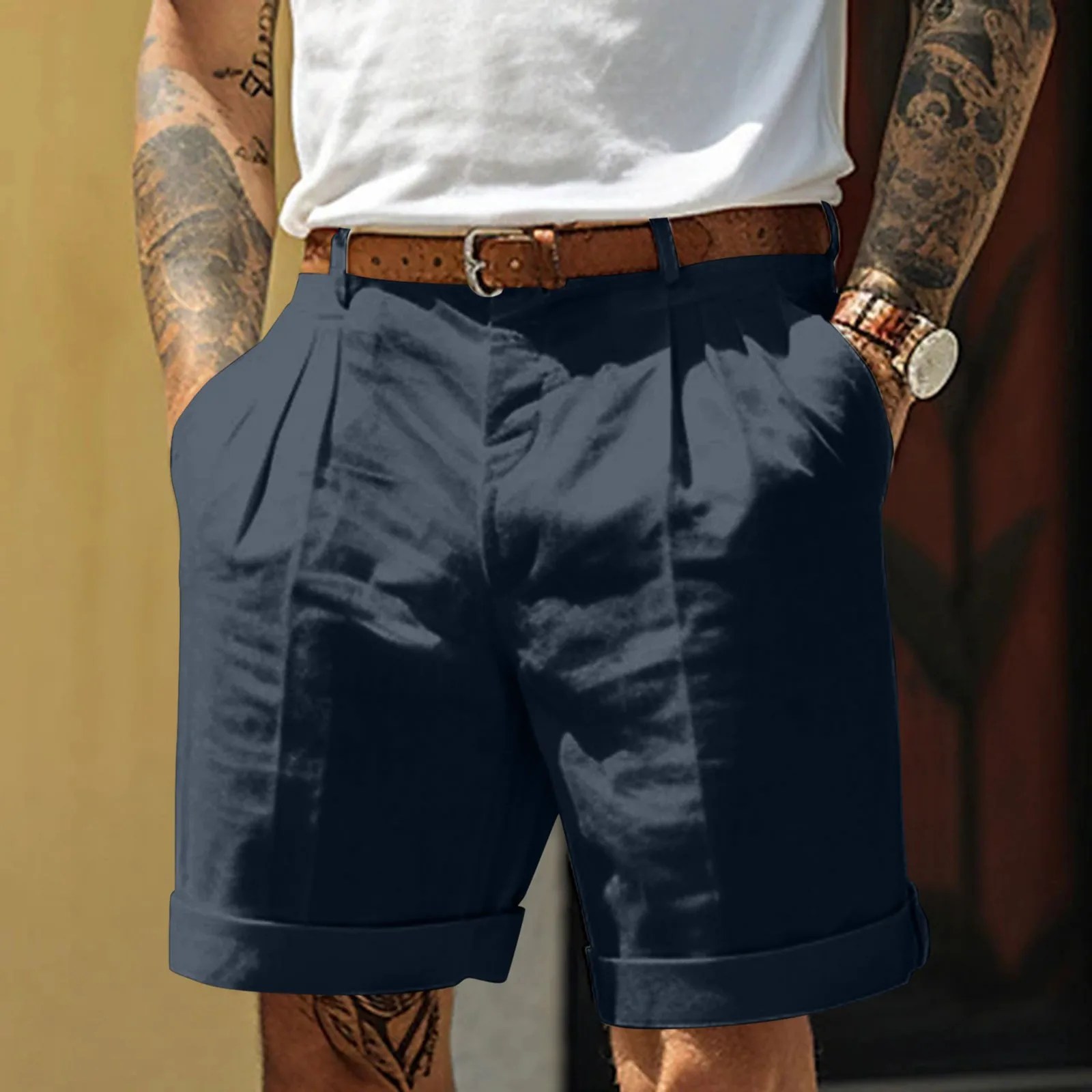 Pantalón corto informal de verano para hombre, Bermudas de algodón mercerizado con bolsillos y botones