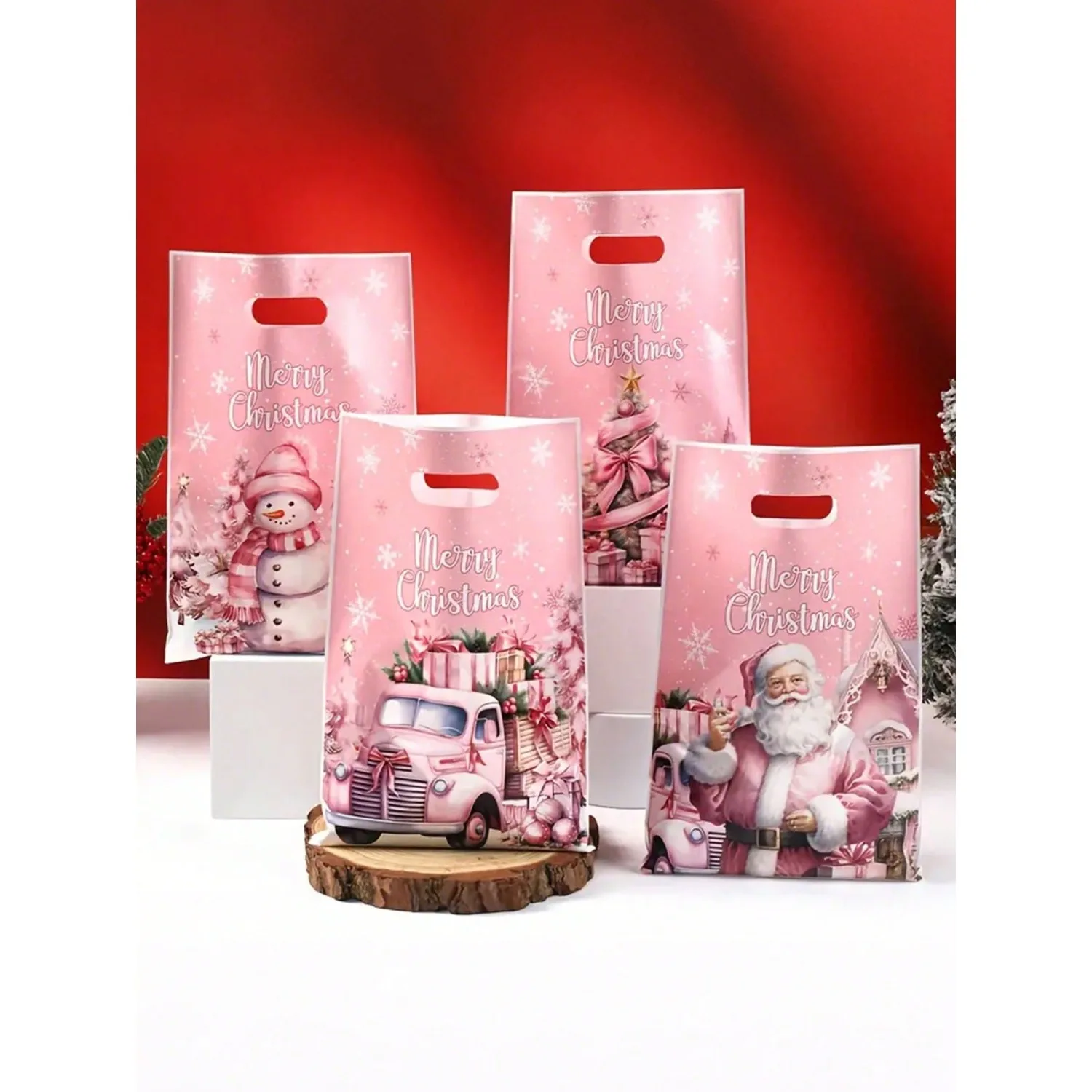 Bella borsa regalo di Natale rosa! Disegni natalizi da 10 x 6,5 pollici sfusi (confezione da 10/25), perfetti per regali di Natale e feste.