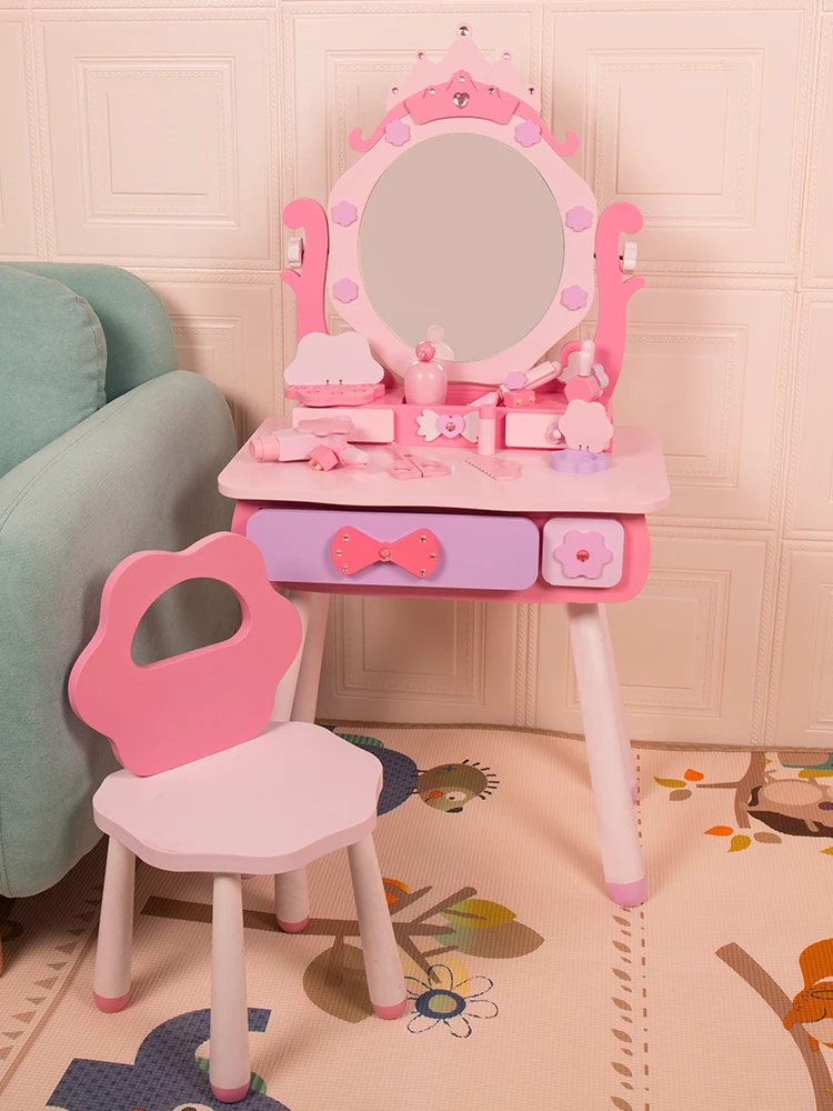 أفضل تصميم طاولة مكياج خشبية وردية جميلة للأطفال #2