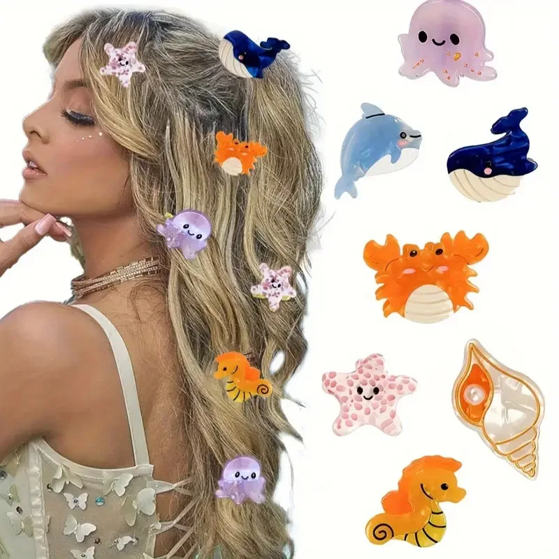 Barrettes et pinces à cheveux INS pour femmes, motifs animaux marins : crabe, hippocampe, pieuvre, étoile de mer, baleine, dauphin, coquillage, en acétate, type bec de canard