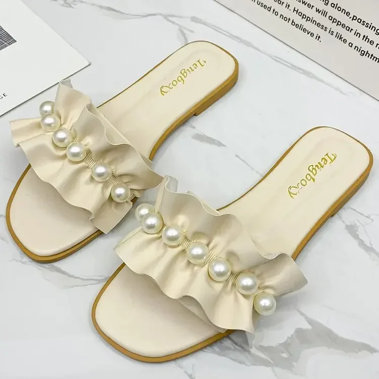 Comemore Women Slides Faux Pearl Decor Ruffle Trim Sandals Open Toe Wear-resistant Flat Slippers Sandy Beach Sandals Women Shoes