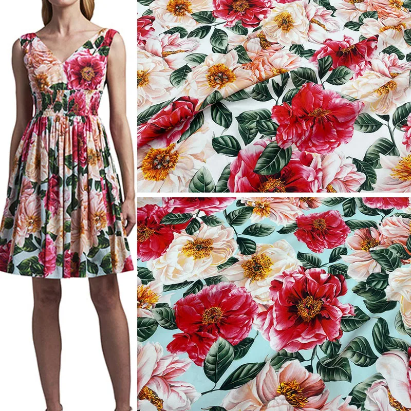 

Colorful Peony Flower Printed Poplin Cotton Fabric For Women Dress Blouse Pants Pajamas DIY Cloth Sewiing Material