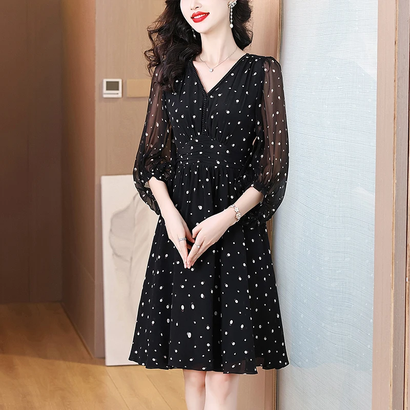 2025 여름 비치 플로럴 실크 미디 드레스 여성 빈티지 보헤미안 블랙 도트 패션 캐주얼 라이트 프롬 우아한 럭셔리 페스티벌 베스티도스