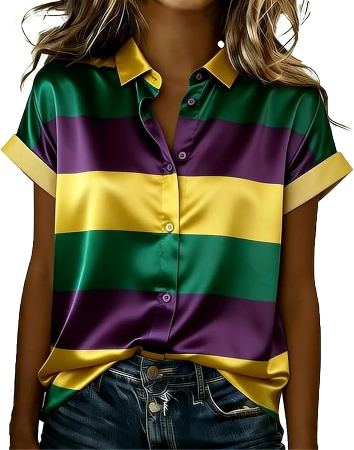 

Women Short Sleeve Shirts Turn Down Collar Stripe Button Down Blouses Summer Casual Tops Carnival Costume Holiday Outfits