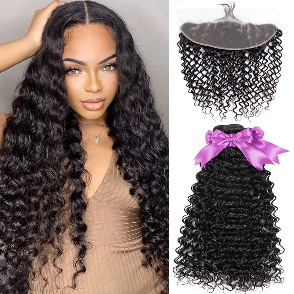 10A Brazilian Hair Bundles With Frontal Deep Wave Bundles With Frontal Closure 13x4 Ear to Ear Lace Human Hair Weave Extensions