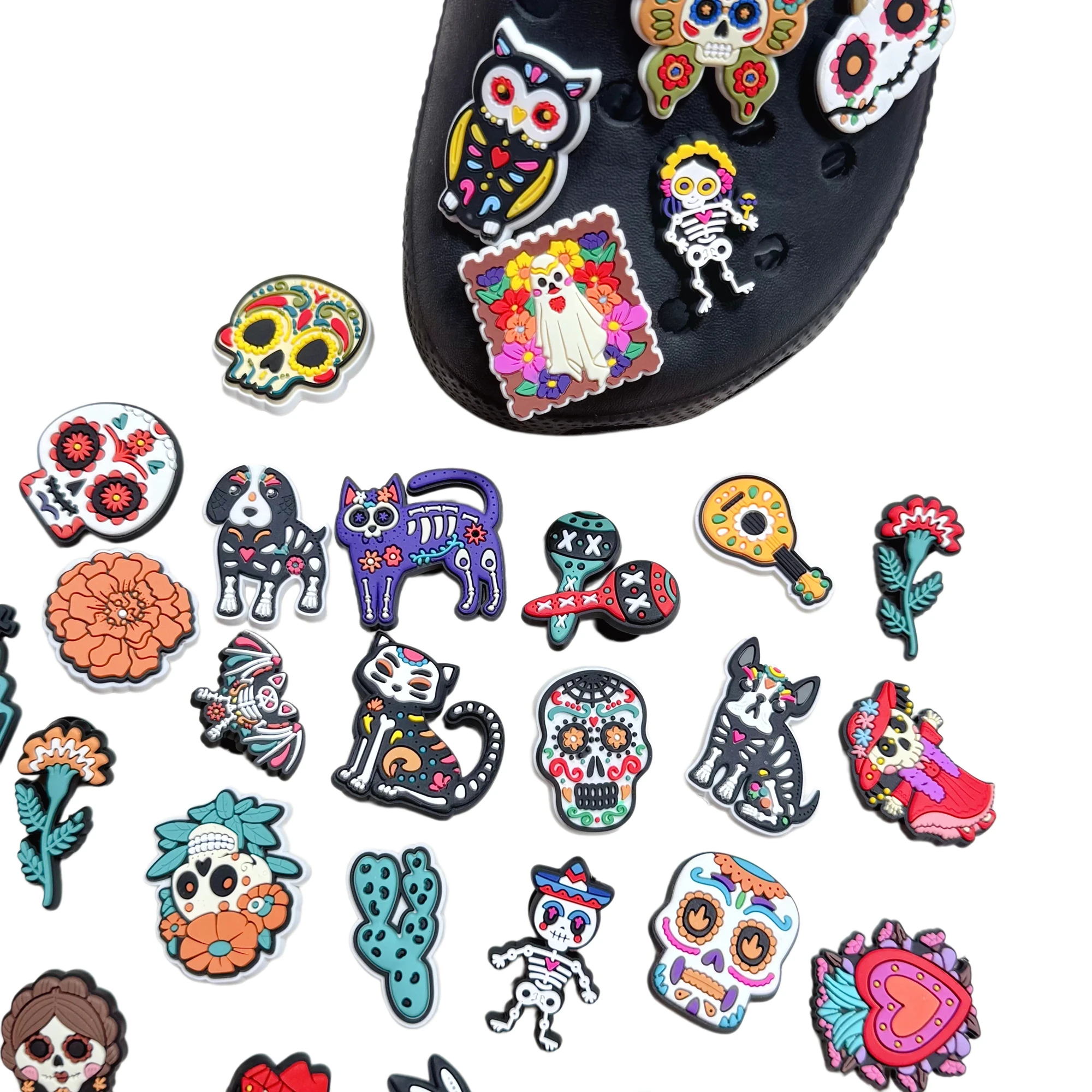 1-30Pcs Day Of The Dead Shoe Accessories Pumpkin Skull Guitar Sandals Decorations DIY Mexican Holiday Wristband