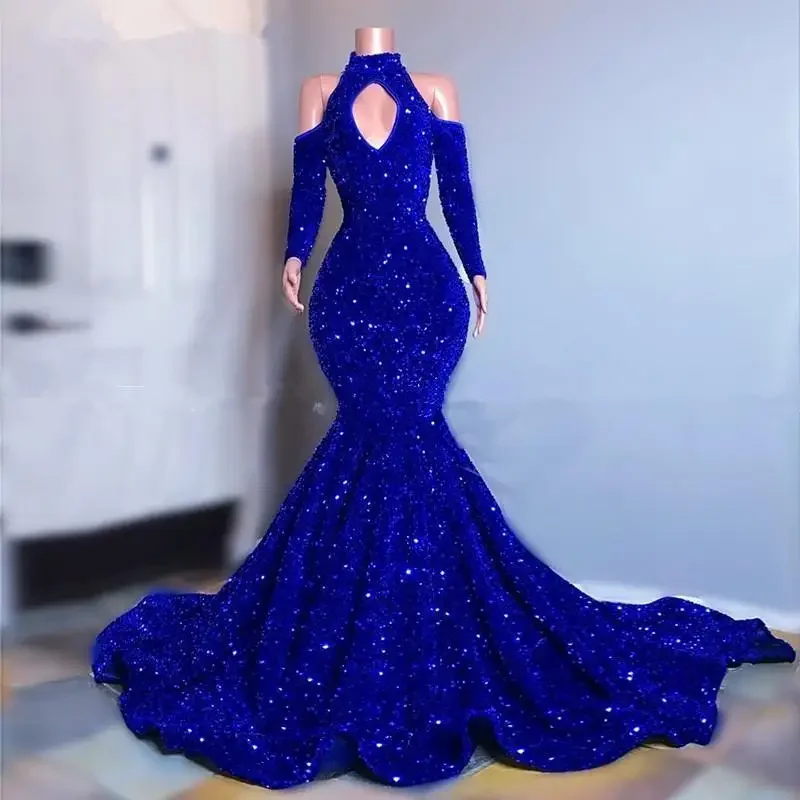 Plus Size Royal Blue sequins Prom Dresses Long Sleeves Mermaid Evening Gowns 2021 Elegant Off Shoulder Women Formal Dress