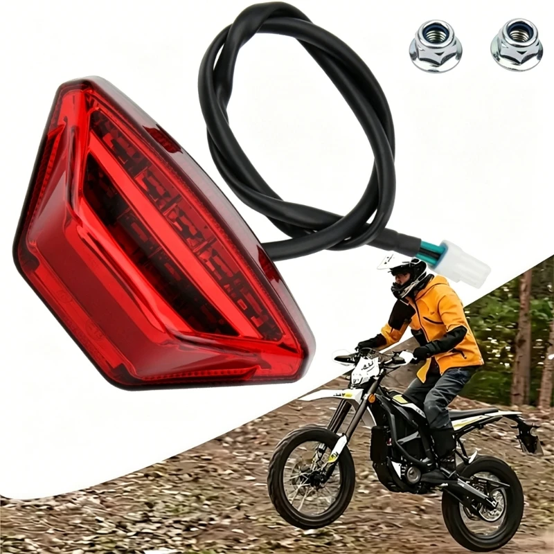 Motorcycle Rear Tail Brake Light Assembly with Red Triangular Lens, Attached Cable, 90x46mm Rear Light Replacement Part