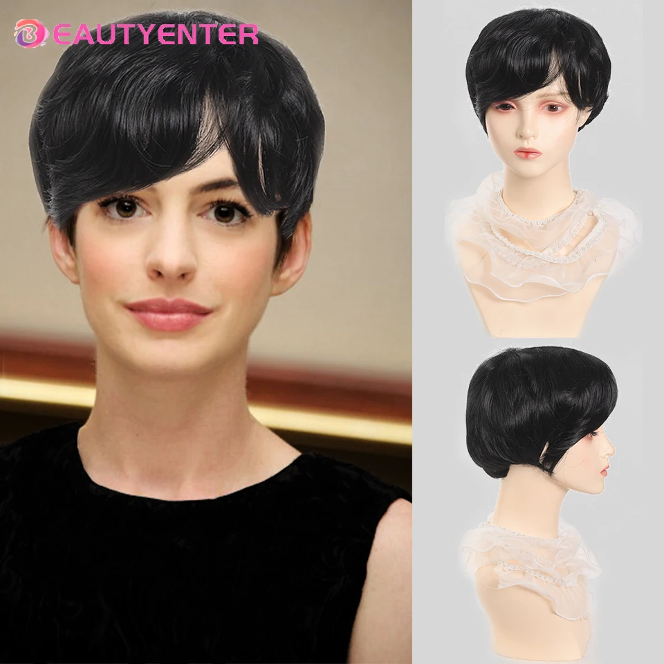 

BEAUTYENTER Synthetic Short Straight Wig for Women Wigs With Bangs Black Wig Daily Use Heat Resistant Fiber