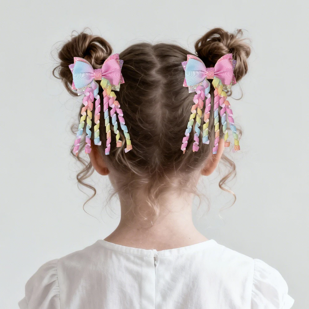 Süße Regenbogen-Haarspangen für Mädchen, Schleifen-Haarspange, niedliche Quasten-Band-Haarspangen für lockigen Pferdeschwanz, Haarschmuck