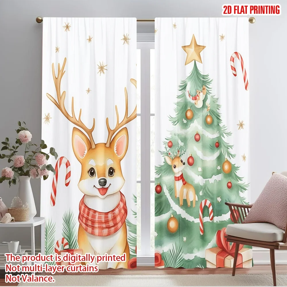 2pcs,2D plane printing Popular Curtains Cute Reindeer Dog Christmas Trees Versatile Polyester Fabric (without rod) Outdoor