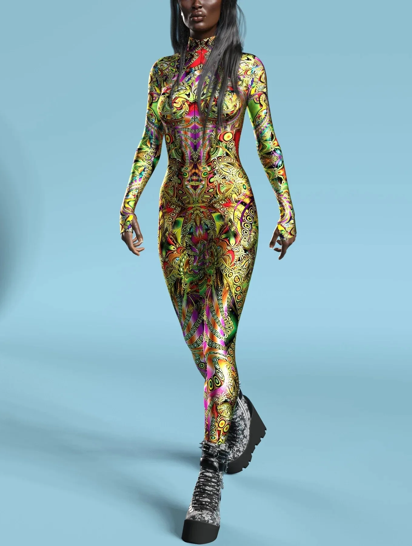 Damen Mehrfarbiger 3D-Druck Festtagsparty Regenbogen Sexy Enger Bodysuit Punk Cosplay Kostüm Performance Romper – Detail 34