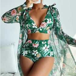 Fatos de banho femininos com estampa de biquíni de três peças, roupas de praia, roupas de banho, piscina, banhista, roupa de banho feminina 2024