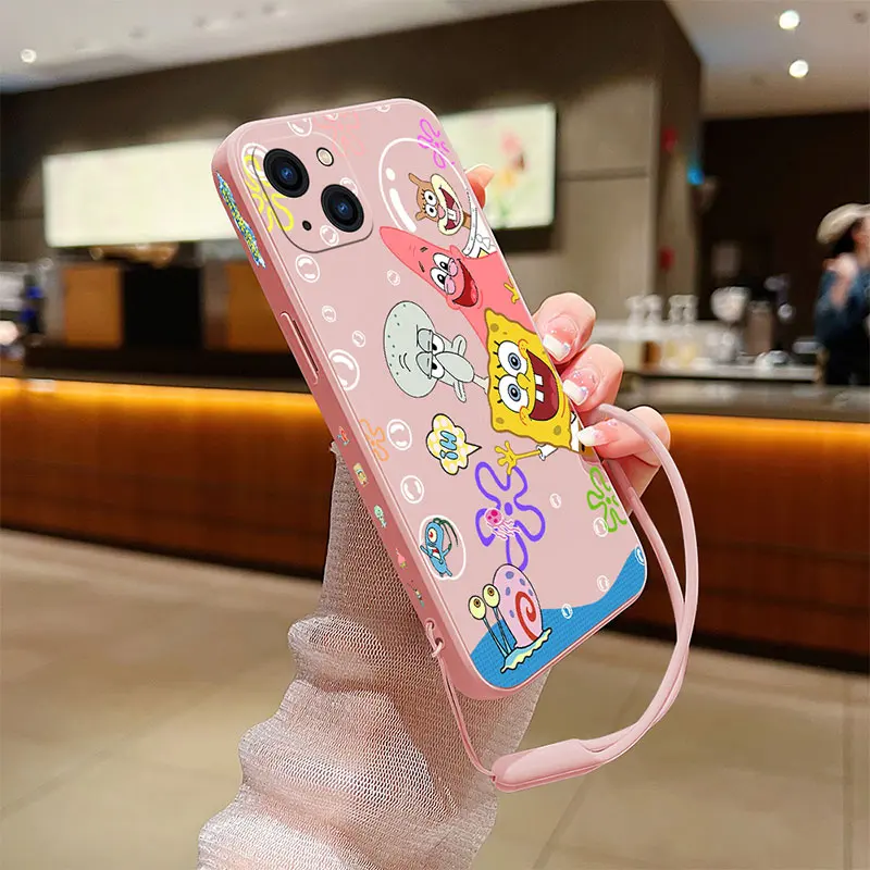 Cartoon SpongeBobs Best Friends Phone Case For iPhone 15 14 13 12 11 Pro Max Mini X XR XS SE 2020 8 7 Plus 6S Plus With Lanyard