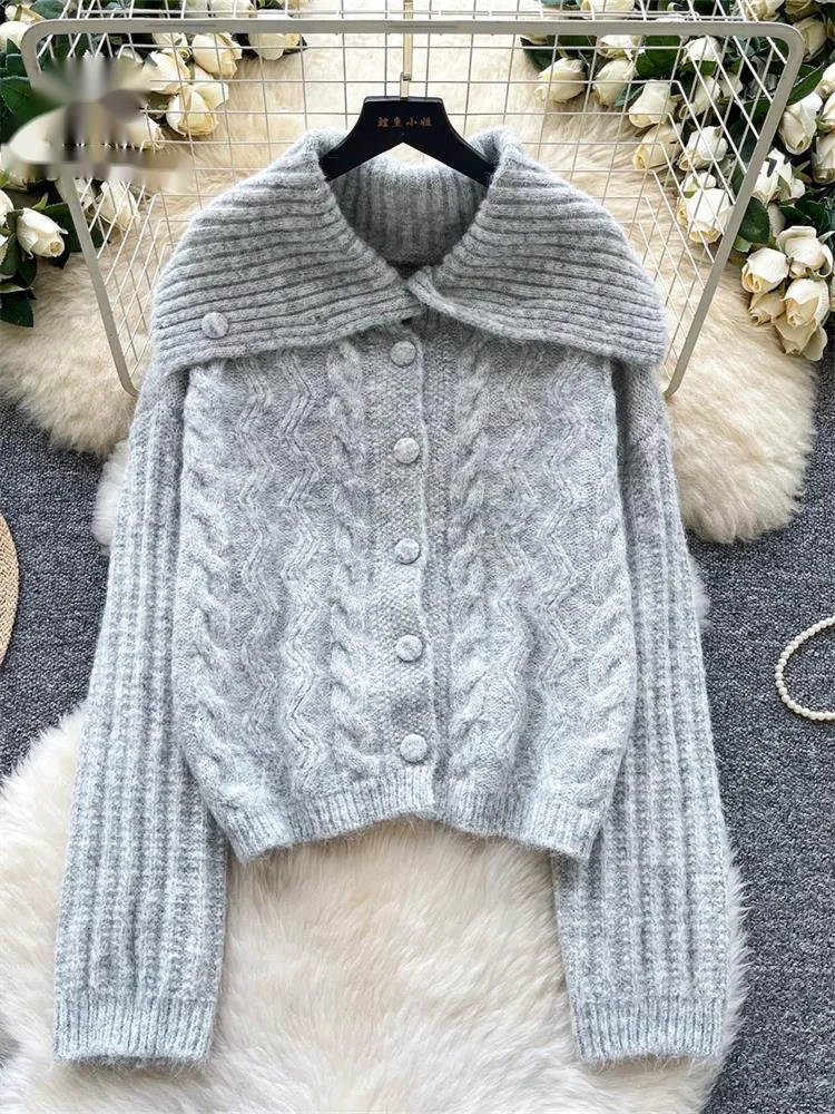 Autumn Casual Vintage Sweater Lapel Full Sleeve Buttons Design Thick Tops Ins Classic Twist Drill Knitted Cardigan