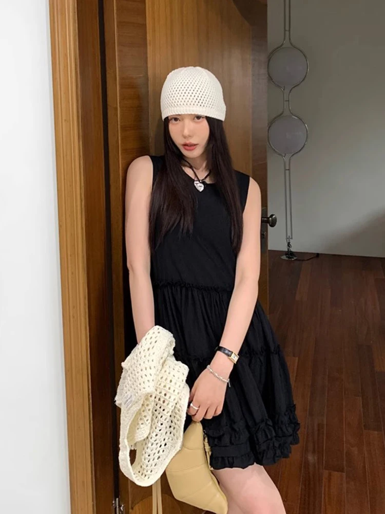 Vestido F Estilo Coreano com Design de Camadas e Decote Redondo, Estilo Cake, Saia Curta