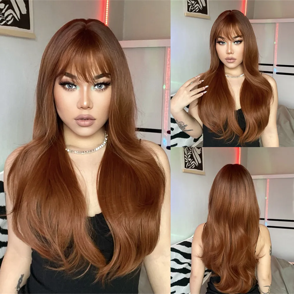 Auburn Wigs for Women Layered Wig with Bangs Long Straight Hair Wig Copper Brown Wigs Natural Synthetic Hair Heat Resistant Wigs