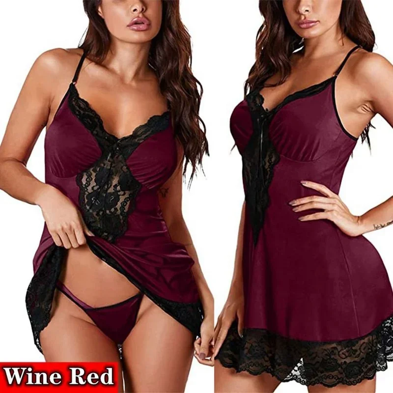 Plus Size Women Nightgown Lace Sleepdress Perspective Sleepwear Deep-V Mini Nightdress Sexy Lingerie for Women