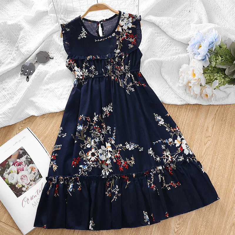 Girls children's clothing summer crewneck camisole peplum stitching dress cute flower print princess skirt skirt