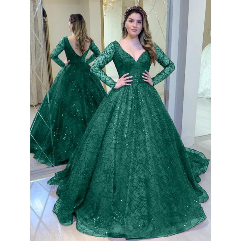2026 Elegantes Damen-Paillettenkleid für Hochzeit und Brautjungfern, Bodenlang, Sexy Langarm V-Ausschnitt Korsett Abendkleid für Party und Gala