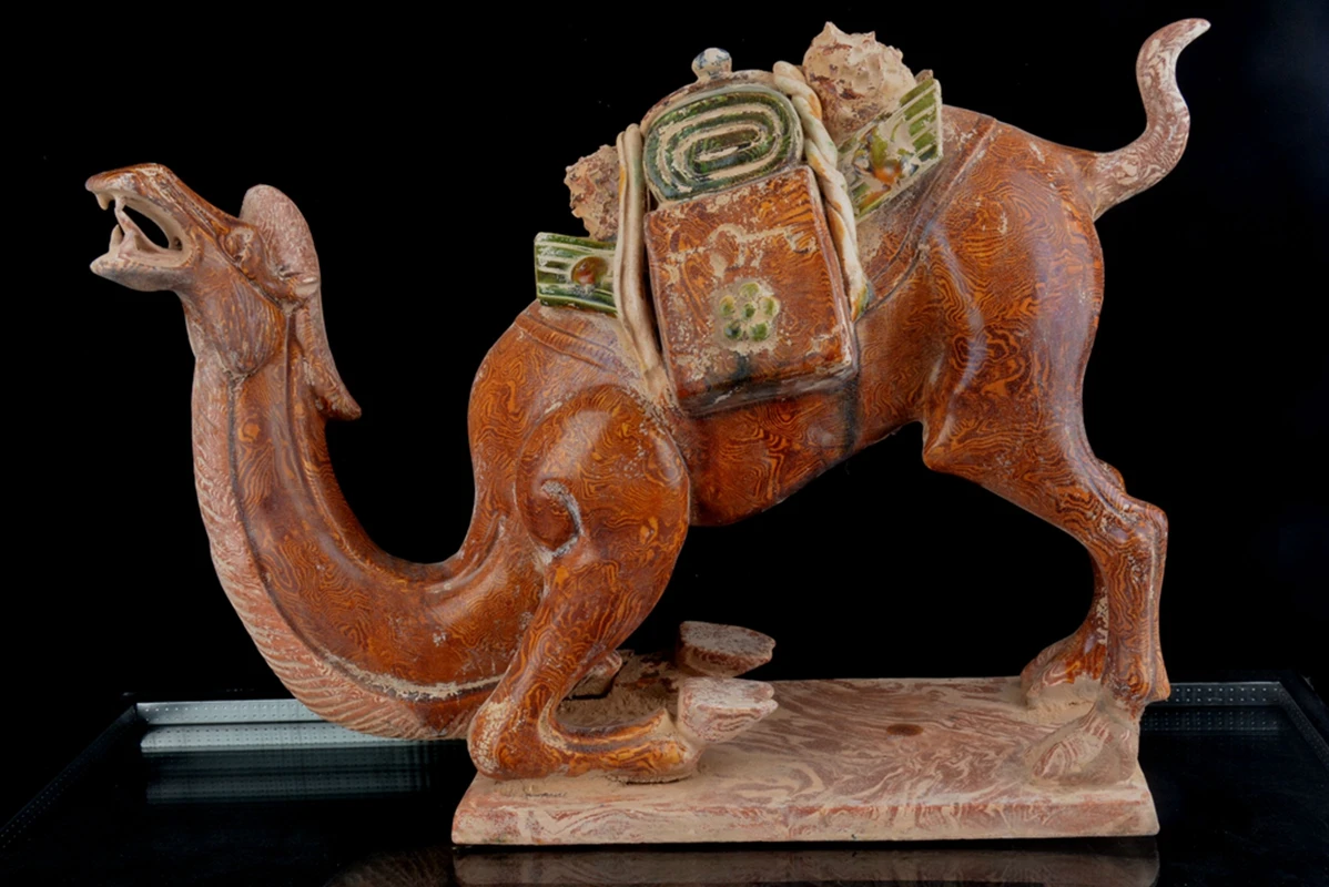 Tang Sancai fully hand-sculpted porcelain twisted tire and lying camel unearthed old goods