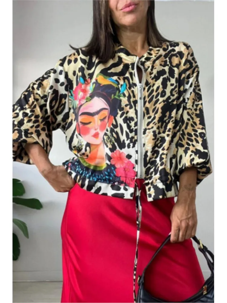 

Vintage Streetwear Women Leopard Print Jackets Long Sleeve Zipper Outerwear O-neck 2025 Spring Autumn Ladies Female Casual Coats