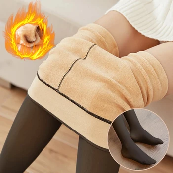 Mulheres inverno quente collants cintura alta elasticidade meias de lã efeito pele cordeiro meia-calça sexy preto translúcido calças térmicas