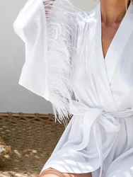 Feathers Patchwork Women'S Robe Sexy V-Neck Sleepwear Long Sleeve Lace Up Bathrobe Causal White Ladies Home Clothes