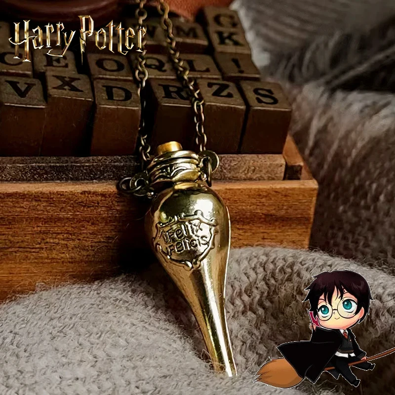 Lucky Harries Alloy Necklaces Potters Liquid Medicine Bottle Felix Felicis Magic Wand Badge Necklace for Women Men Kids Gifts