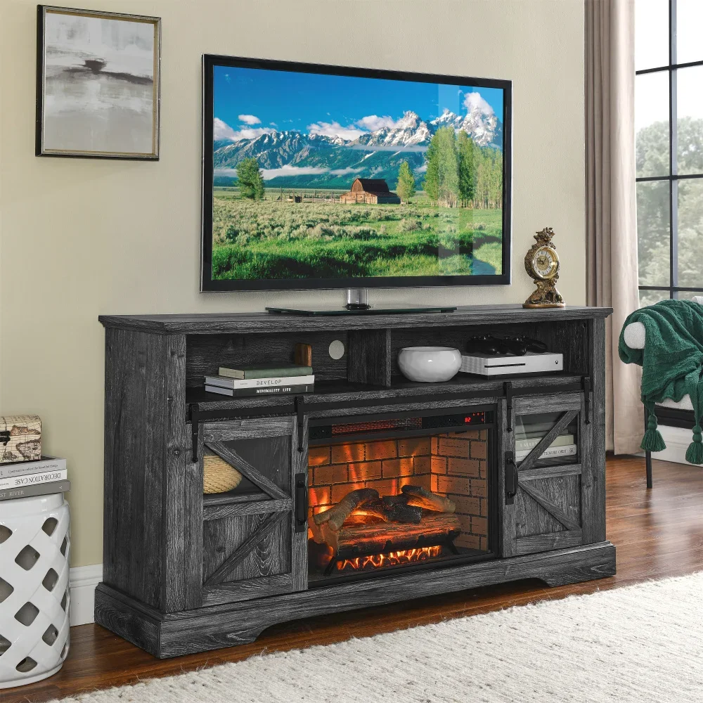 60 Inch Electric Fireplace Entertainment Center with Door Sensor-Dark Rustic Oak Fireplace Tv Stand Stoves Heating & Vents