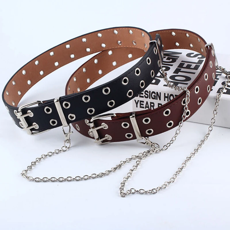 

Women Punk Chain Belt Adjustable Black Double/Single Eyelet Leather Buckle Belt