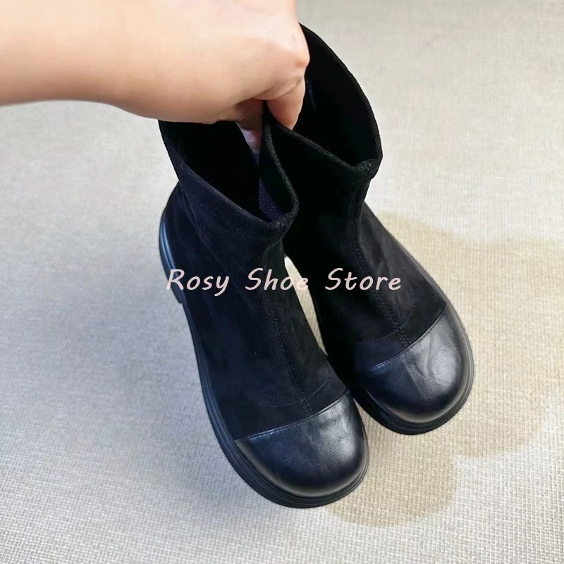 

Women's Retro Suede Stitching Stretch Boots Cute Round Toe Platform Back Zipper Concise Short Boots Spring Autumn Fashion Boots