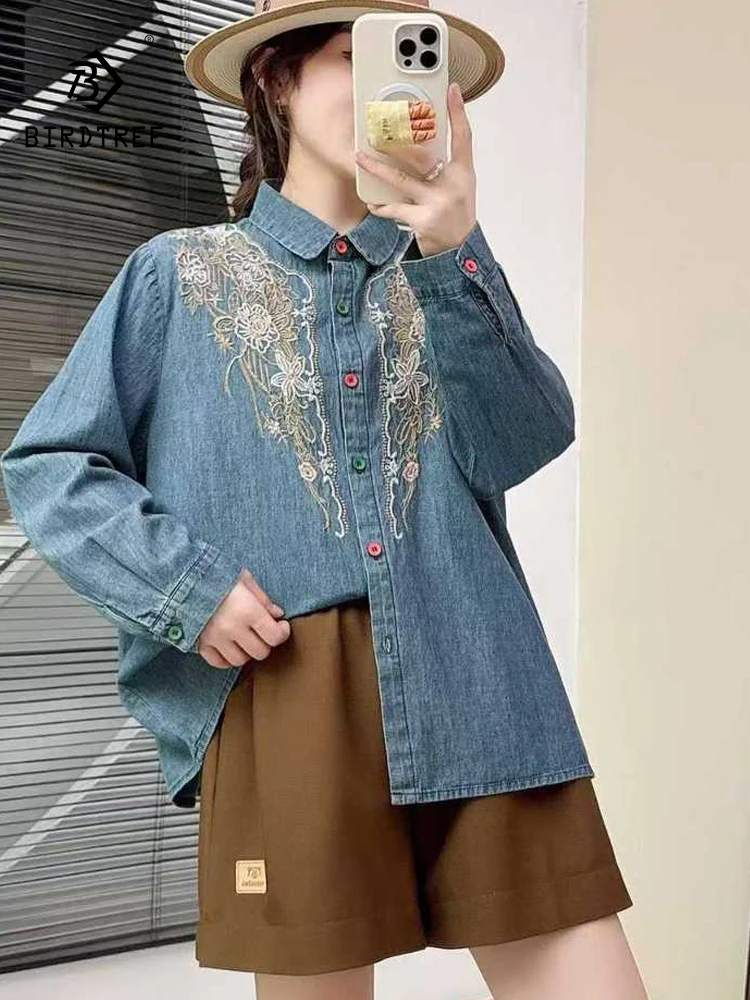 

New 2025 Winter Long Sleeve Denim Shirt, Women Turn-down Collar Embroidery, Mori Girl Retro Japan Style Loose Blouse T5N721CC
