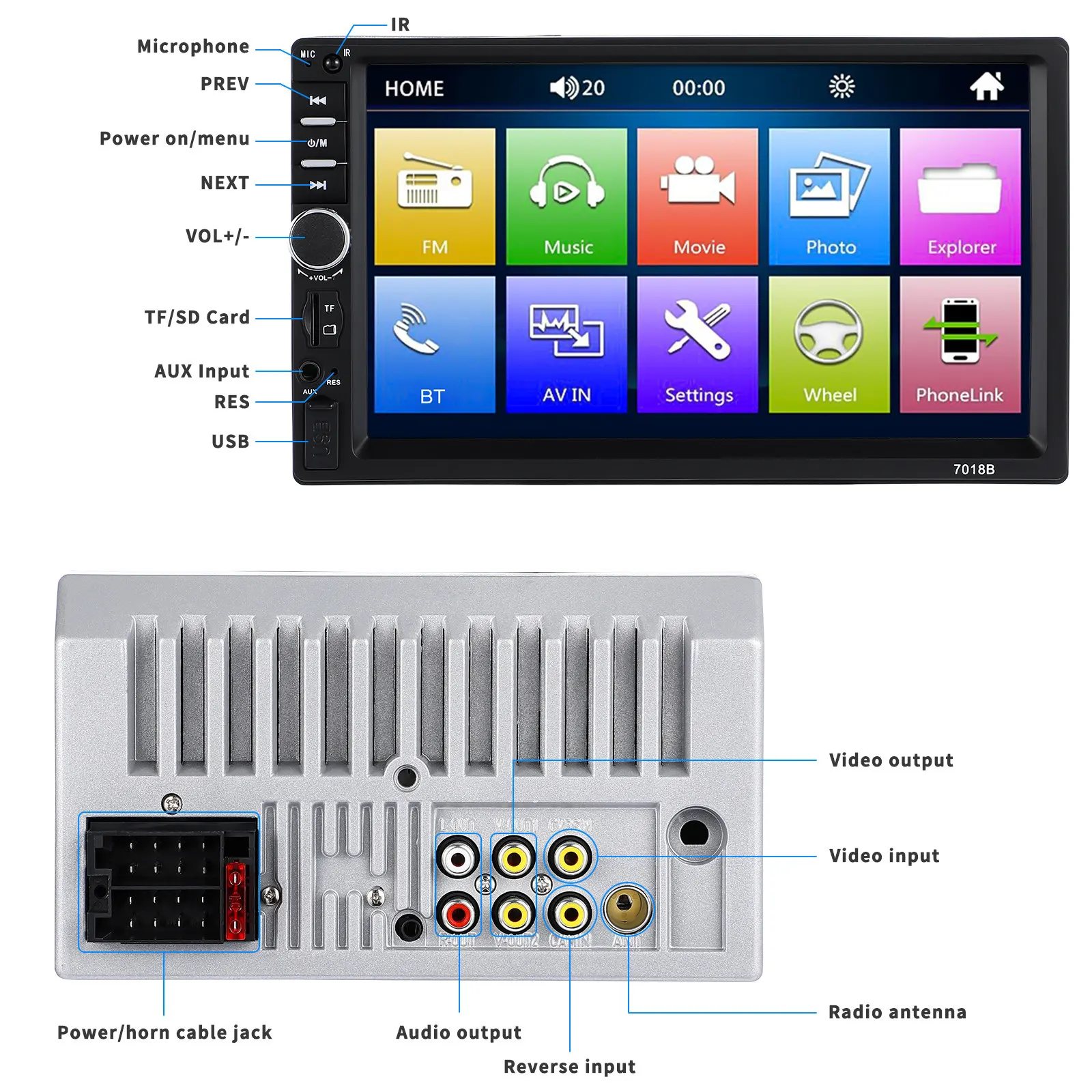 

7-дюймовый сенсорный экран автомобильной магнитолы, беспроводной FM-трансмиттер, видеоплеер, аудиоплеер, функция громкой связи, цифровой дисплей для автомобиля