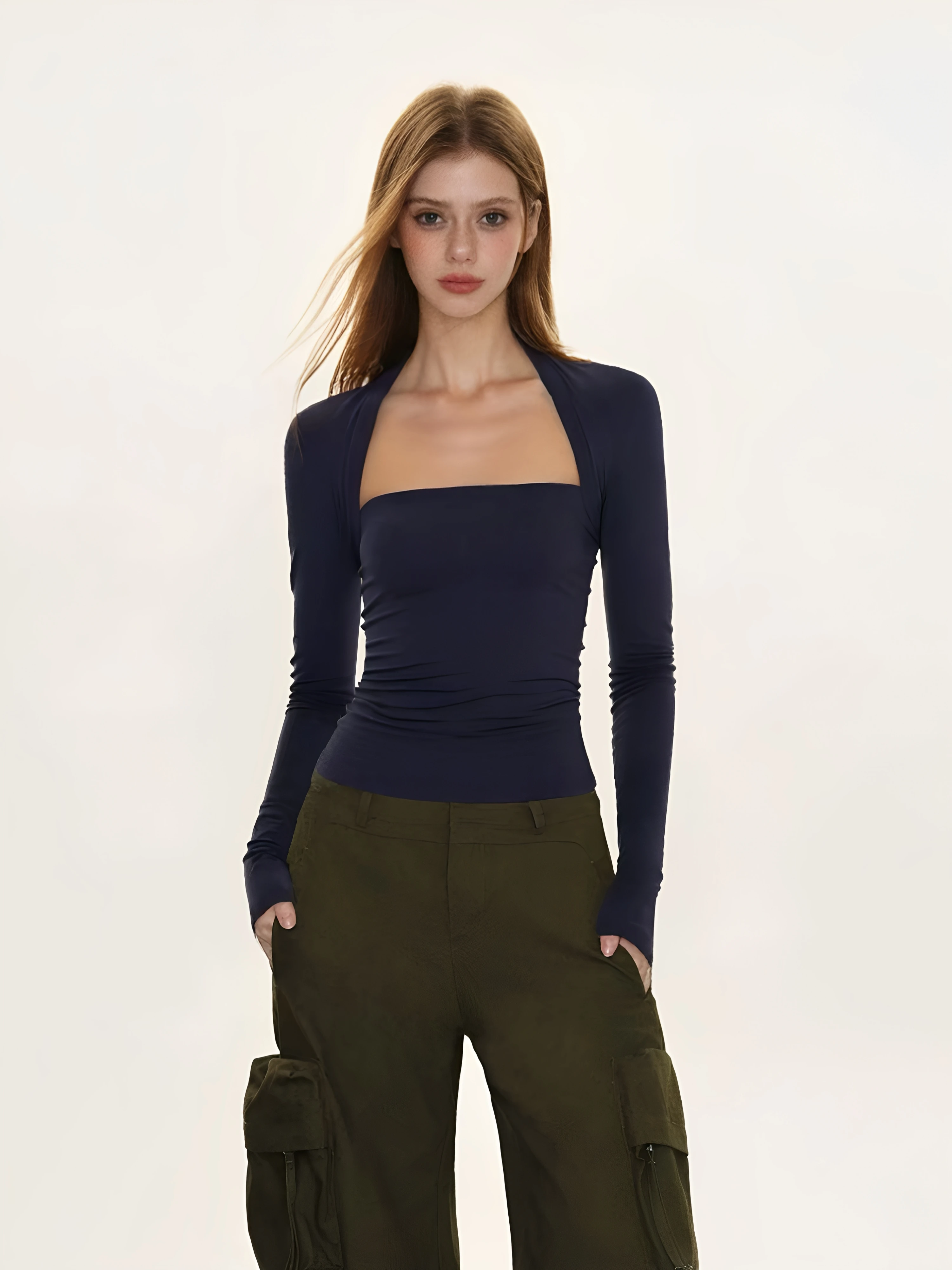 Spring Autumn 2026 Women's Slim Fit Long Sleeve T-Shirt Square Collar Base Shirt Sexy Inner Wear Shoulder Level Outerwear