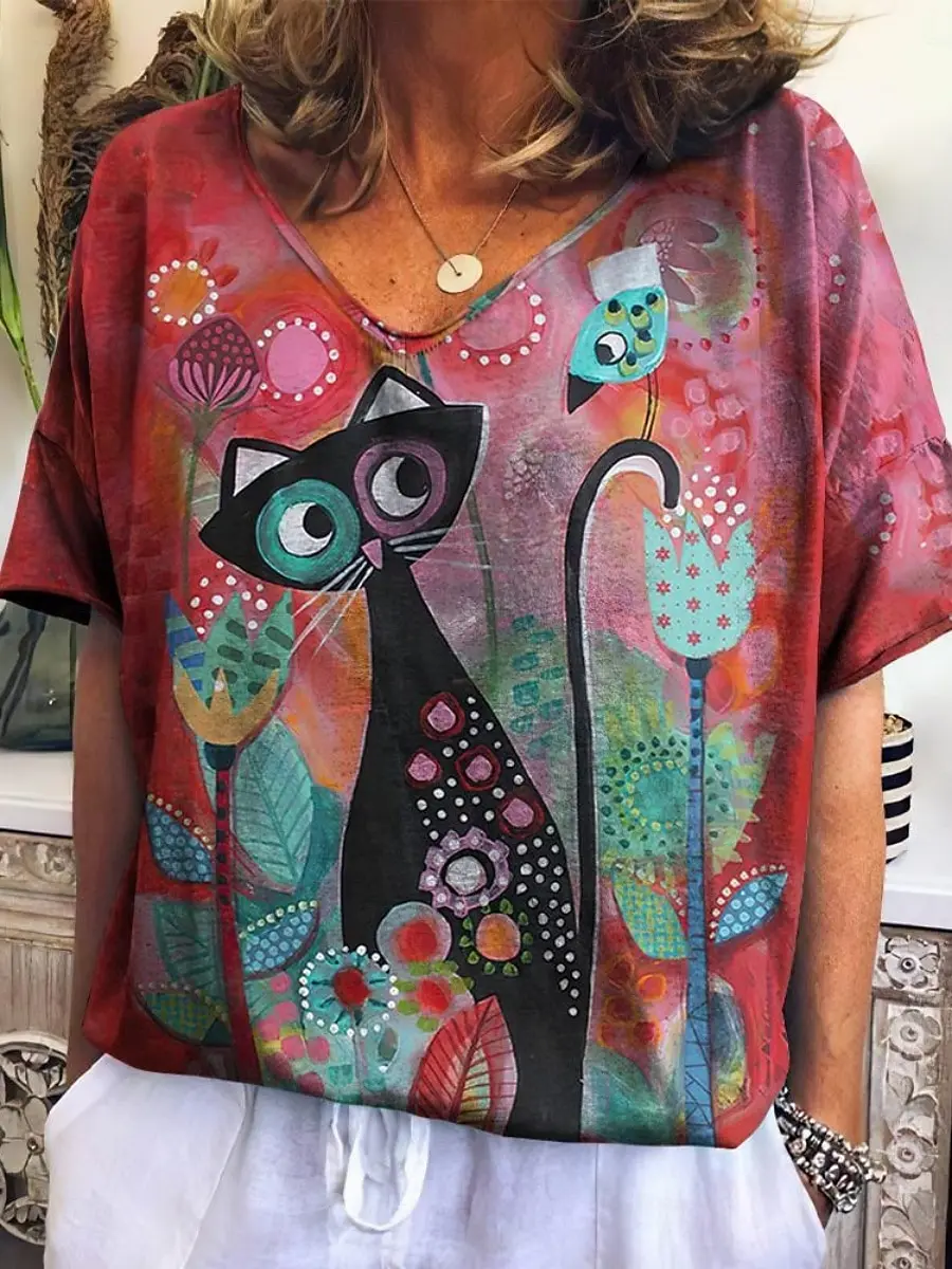 Elegant Vintage Cat Print Casual T Shirt V Neck Short Sleeve Tee For Women Summer Holiday Travel And Vacation Wear