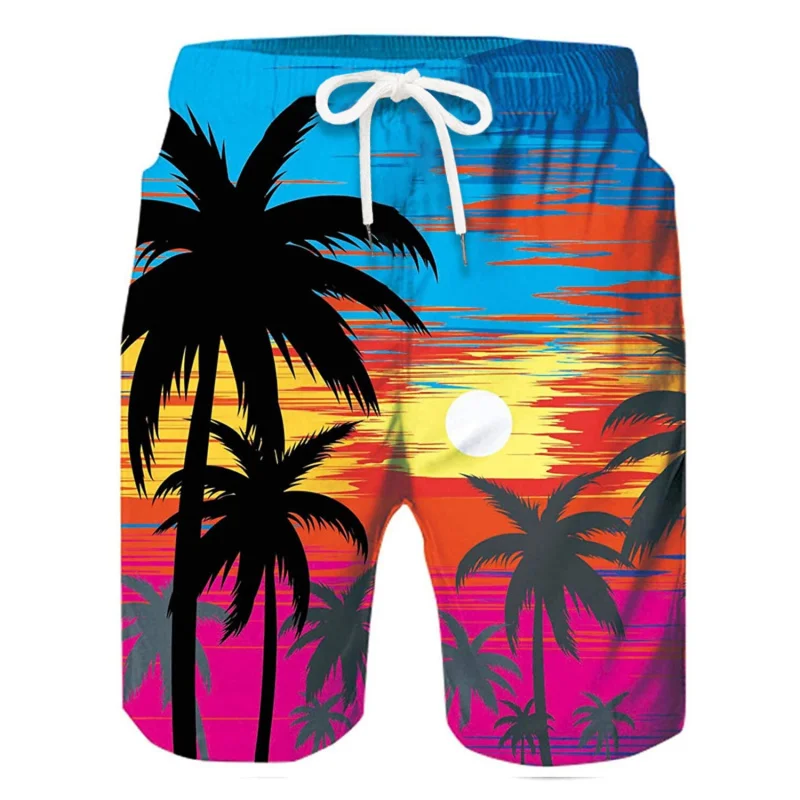 

Men's Sunset Coconut Tree Surf Shorts Mid-Rise Hawaiian Bohemian Casual Daily Vacation Drawstring Elastic Waist Clothing