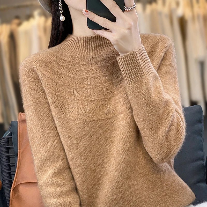 

Autumn Winter New Women's Knitwear Loose Silm Hollow Out Half High Collar Long Sleeve Solid Warm Casual Knitted Bottoming Shirt