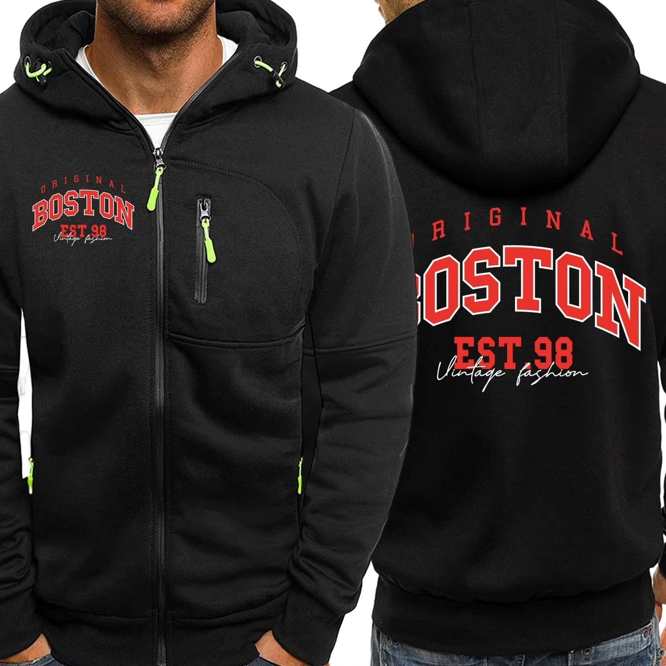 

Original Boston Est.98 Art Letter Print Male Zipper Hoodie Harajuku Fleece Hooded Sport Casual Hoodies Loose Oversize Tops
