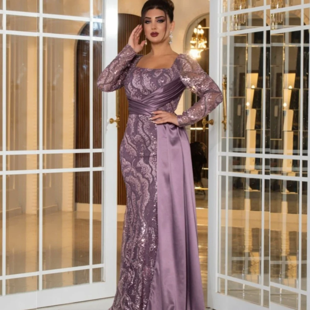 

Customized Elegant Exquisite Charmeuse Sequined Pleat Trumpet Square Neck Long Dresses Bespoke Occasion Sexy