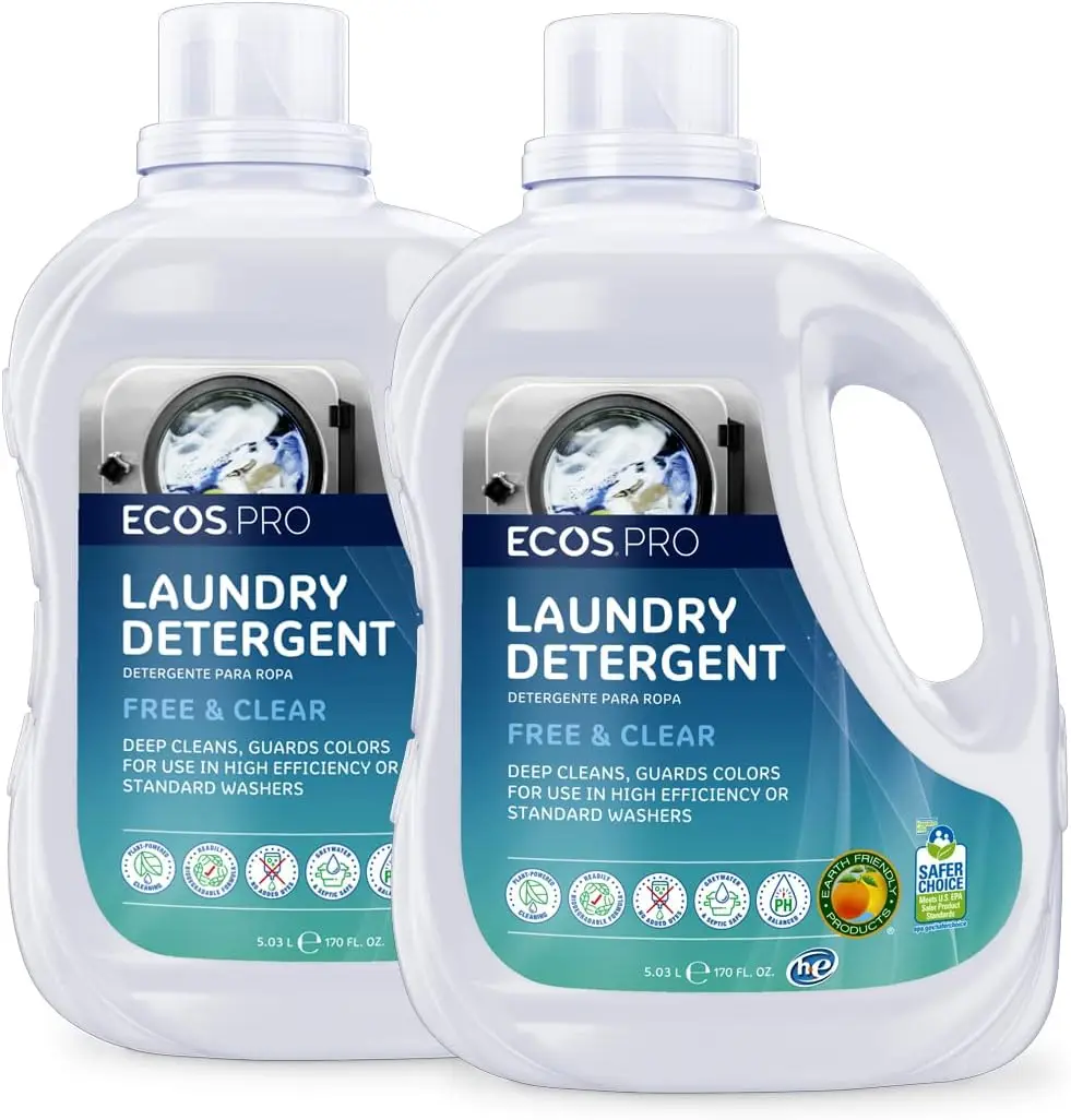 

Eco-Friendly Liquid Laundry Detergent, Free & Clear, Concentrated for Commercial Use, Unscented, 170 fl oz Pack of 2