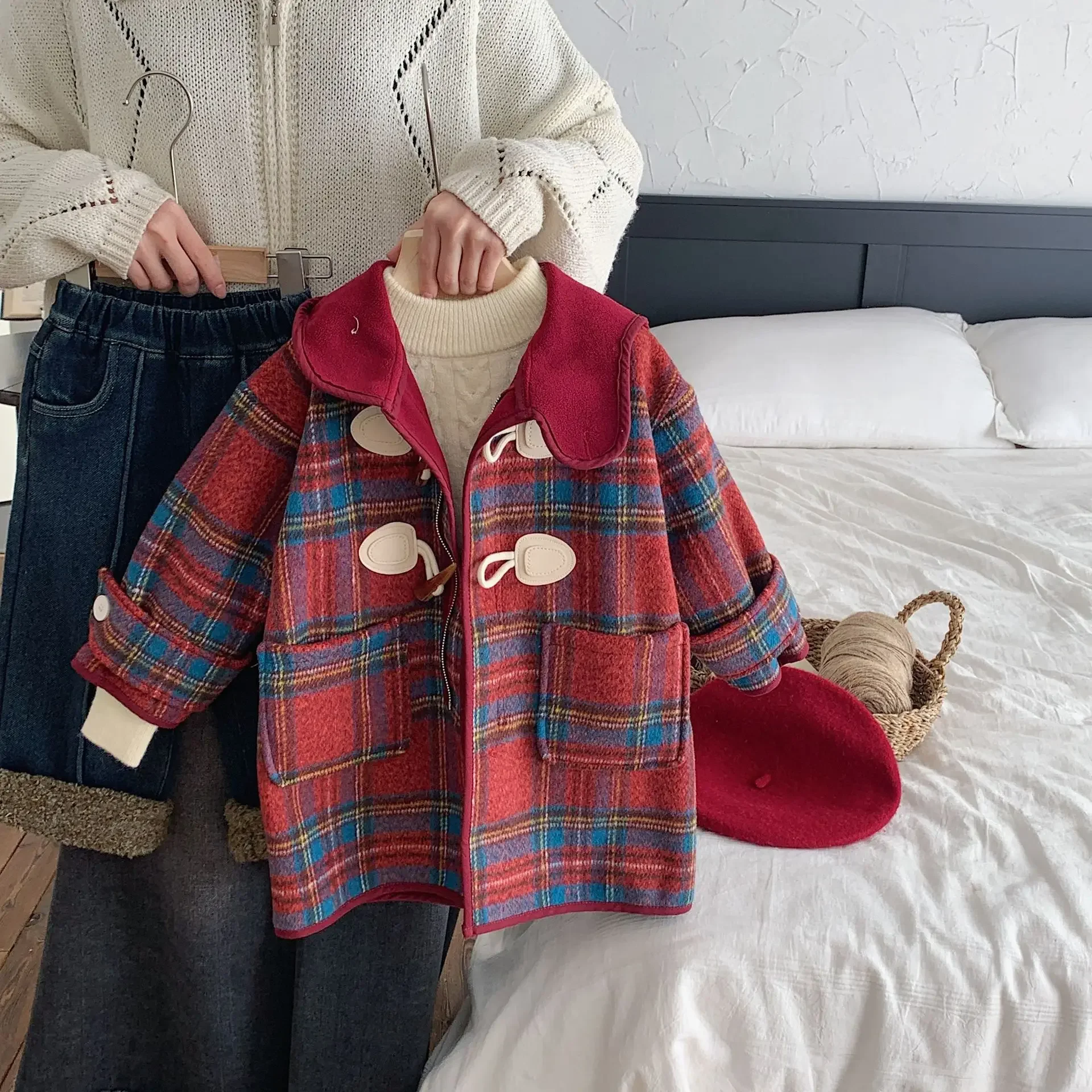 Girls Woolen Coat Boys and Girls Winter Padded Vintage Plaid Hooded Mid-length Baby Woolen Coat Korean Simple Style Clothes