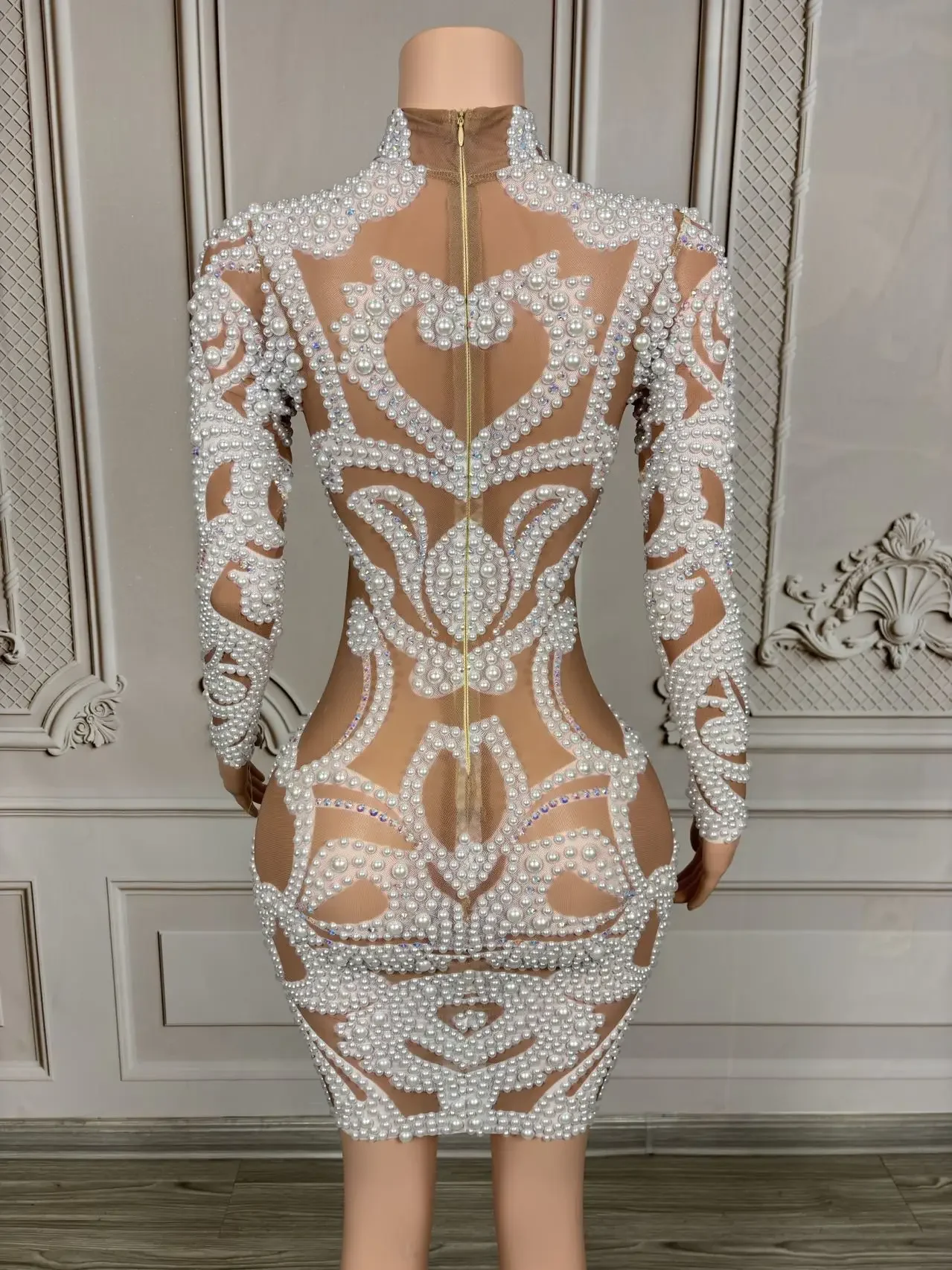 Perlenkleid Strass Perlen Dark Mesh Transparentes Kleid Abend Geburtstag Feiern Kleid Party Tanz Performance Kostüm