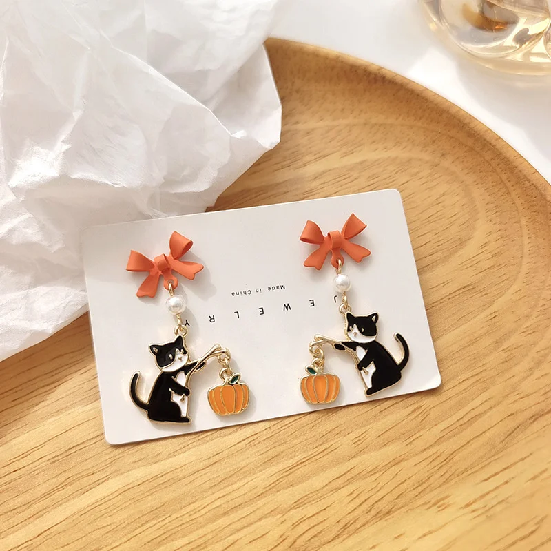 Cute Cartoon Cat Pumpkin Earrings For Women Funny Black White Kitten Fishbone Bowknot Dangle Earring Girls Christmas Party Gifts