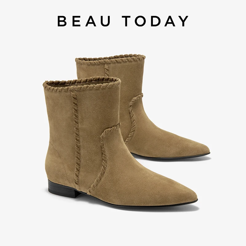 

BEAUTODAY Chelsea Boots Women Cow Suede Leather Pointed Toe Solid Color Slip-on Ankle Boots Elegant Ladies Shoes Handmade 03763