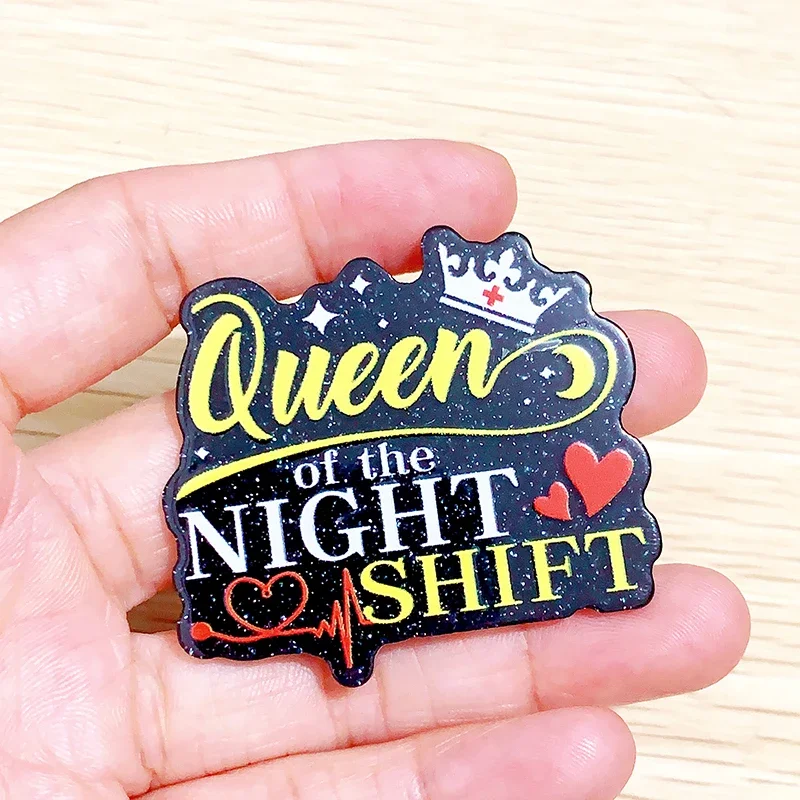 1PC 40-50MM Glitter Veins RN Acrylic Charms Epoxy Queen Of The Night Shift Pendant Fit DIY ID Card Badge Holder Jewelry Making