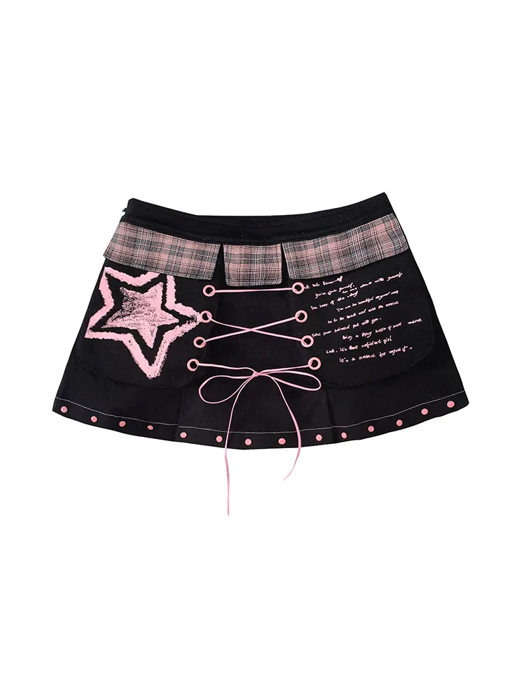 

Sweet Kawaii Skirts for Women, Cowboy Print, Strap Rivet, Spicy Girl, Black, Slim, Sweet, New, Original, Harajuku